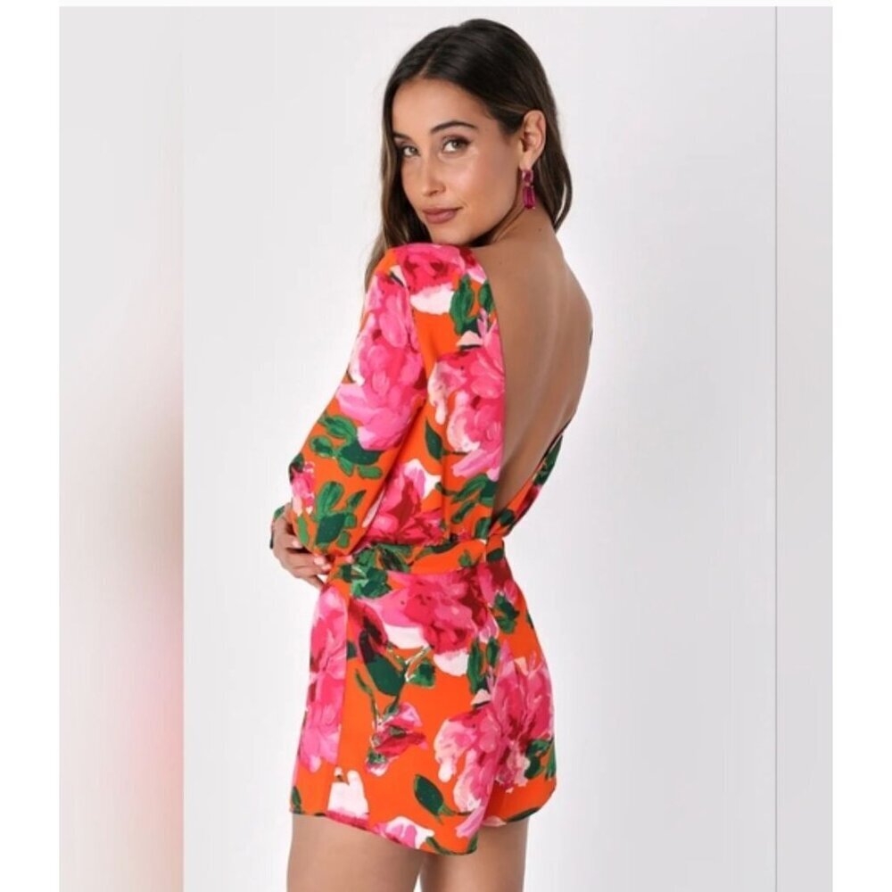 Lulus Sweetest Song Orange Floral Backless Long Sleeve Romper Size M NWT - Picture 3 of 9